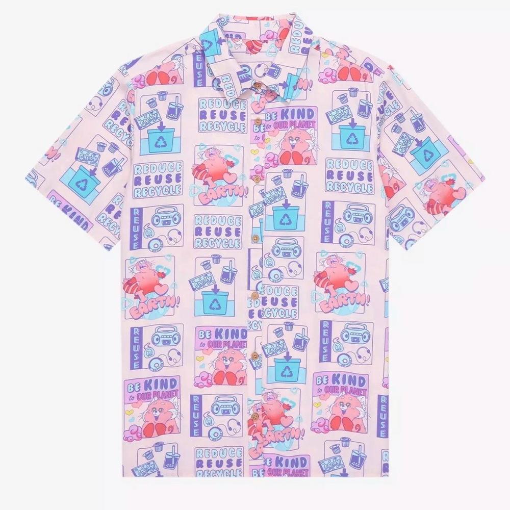 Disney Pixar Turning Red Allover Print Earth Day Woven Button Up Pink Purple-M
